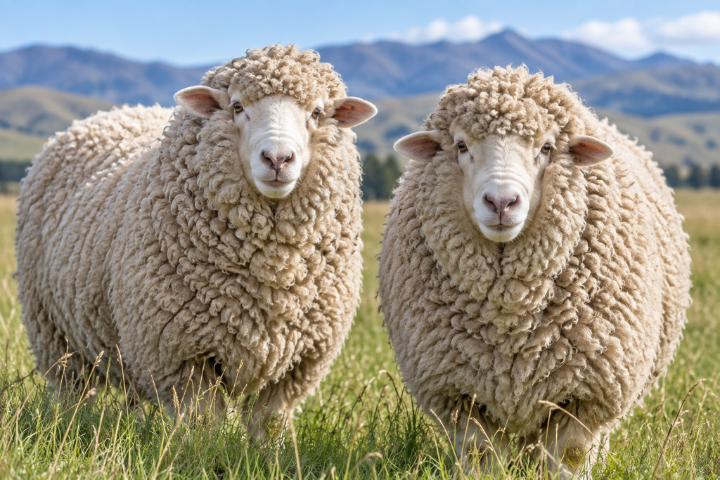 Two Merino sheep with thick wool standing in a grassy pasture