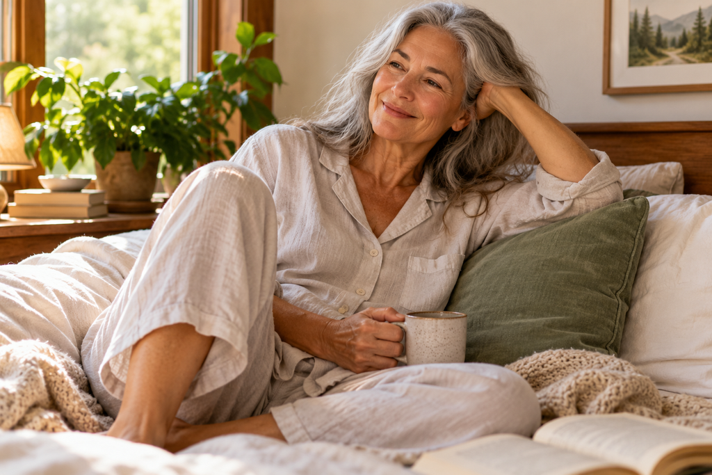Gray-haired woman relaxing at home in natural-fiber linen sleepwear and loungewear