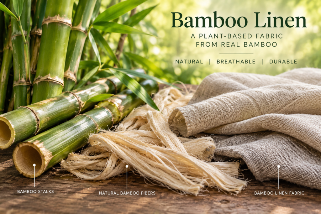 Bamboo stalks, natural bamboo fibers, and bamboo linen fabric
