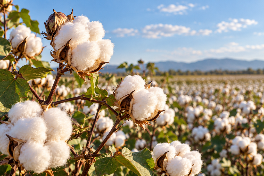 Cotton plants with open white cotton bolls growing in a field