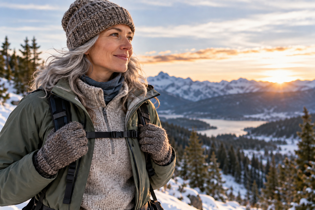 Gray-haired woman wearing layered cold-weather clothing in a snowy mountain landscape