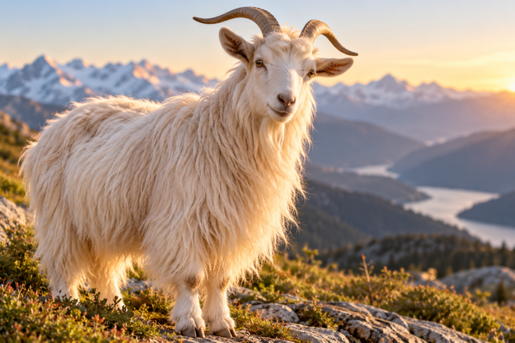Cashmere goat with a soft white coat in a mountain landscape