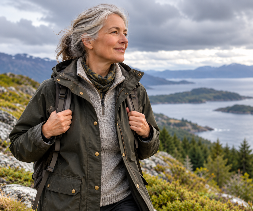 Gray-haired woman wearing a weather-resistant outer layer while hiking in the mountains