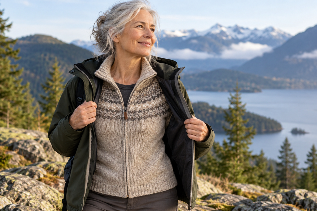Gray-haired woman wearing a wool mid layer under an open jacket outdoors