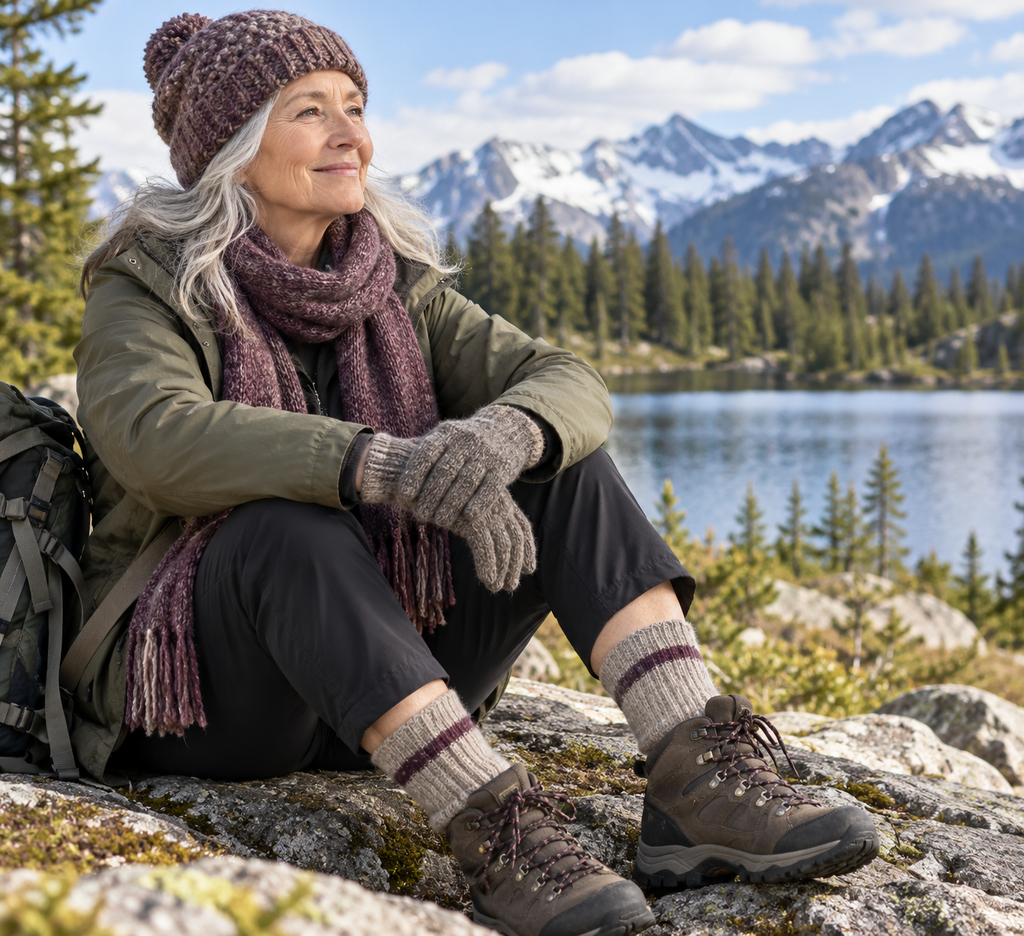 Gray-haired woman wearing a wool hat, scarf, gloves, and socks beside a mountain lake