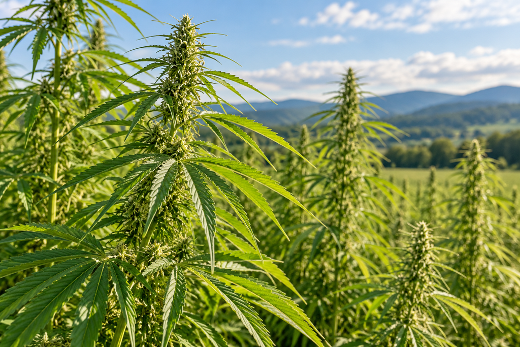 Hemp plants growing in a green field