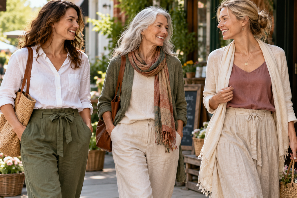 Three women of different ages wearing natural-fiber everyday clothing while walking outdoors